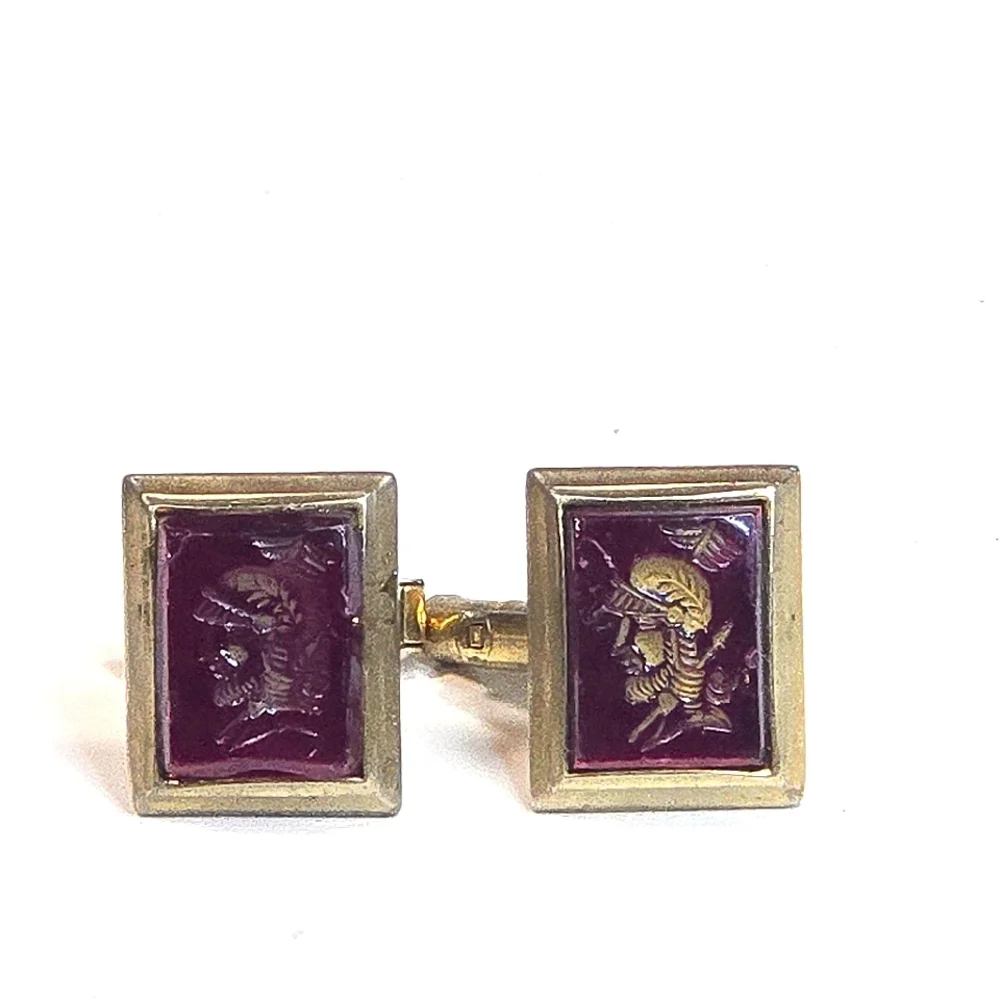 Vintage Centurian Cameo Cufflinks Reversed Carved Red Glass Goldtone Hardware